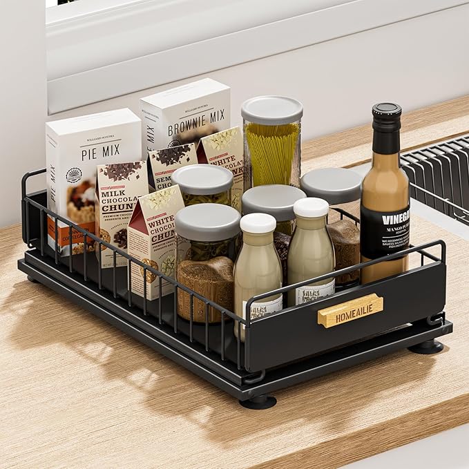 HOMEAILIE Under Sink Organizer, Single Tier Metal Pull Out Sliding Drawer Shelf for Kitchen Bathroom Cabinet Storage, Sturdy Rack – Black