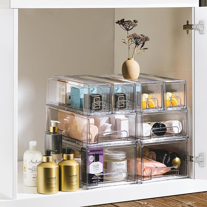 Sorbus Medium Clear Stackable Storage Drawers – 2-Pack Plastic Organizer Bins with Handles – Stackable Pull-Out Storage Drawers for Closet, Pantry, Office, Bathroom, Craft, and Toy Organization