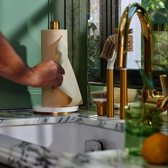Curio Home Goods Obscura Paper Towel Holder plus Spray Bottle, Stainless Steel and Marble, Gold/White
