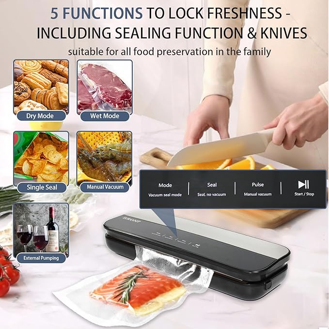 Vacuum Sealer for Food Preservation, 65 Kpa Suction Compact Food Saver Vacuum Sealer Machine, Versatile Sealing Machine with Sliding Cutter, Digital Countdown Timer