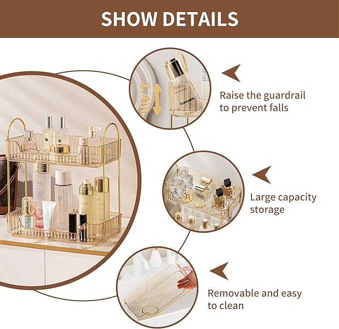 akinbas 2 Tier Bathroom Organizer Countertop Makeup Perfume Tray Skincare Organizer for Bathroom Dresser Vanity (Gold)