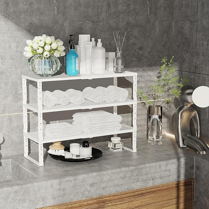 Jojocross Expandable Cabinet Shelf Organizer Storage Spice Rack Shelves for Kitchen Stackable Adjustable Pantry Cupboard Bathroom Countertop Desktop(2Packs/White/Medium)