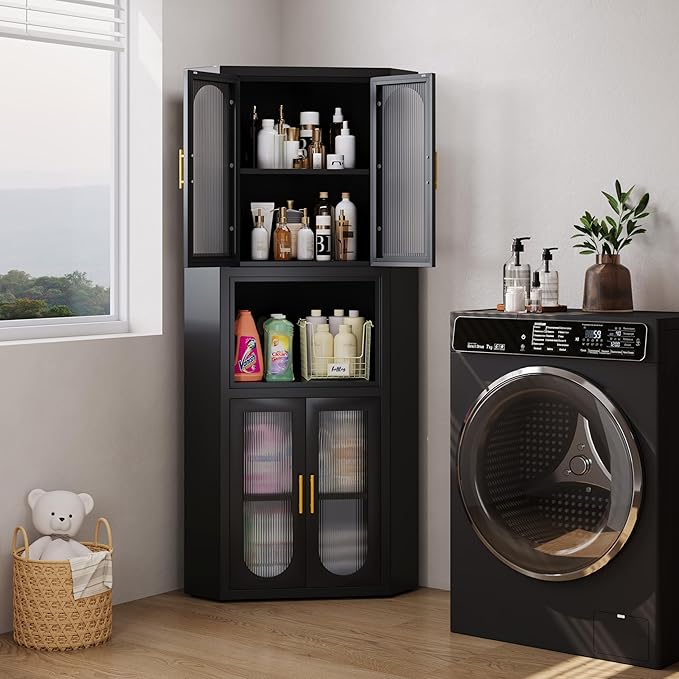 pozdeg 64" Tall Metal Corner Storage Cabinet with Acrylic Glass Doors ＆ Open Display Storage Shelves, Farmhouse Corner Pantry Storage Cupboard for Kitchen, Laundry Room, Bathroom or Bedroom (Black)