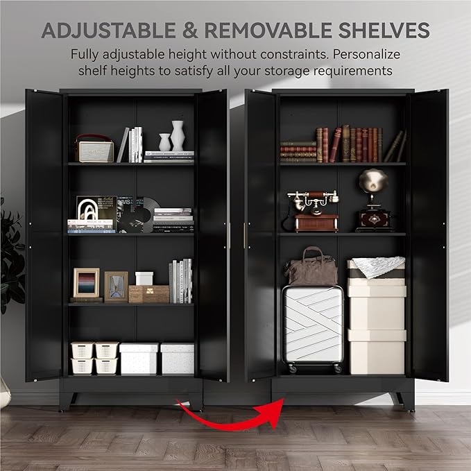 YNIQUESTLE Farmhouse Pantry Cabinet with Barn Doors,61" H x 27.5" W,Metal Cabinet with Adjustable Shelves,4-Tier Storage Cabinet for Kitchen Dining Room Garage Office,Black