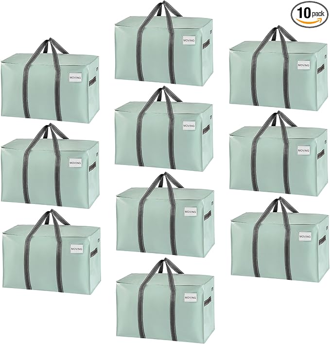 VENO 10 Pack Moving Bags and Large Christmas Storage Bins with lids. Alternative to Moving Boxes, Packing Supplies for College. Extra Large Heavy Duty Totes for Packaging (Shiny Light Green, 10 Pack)