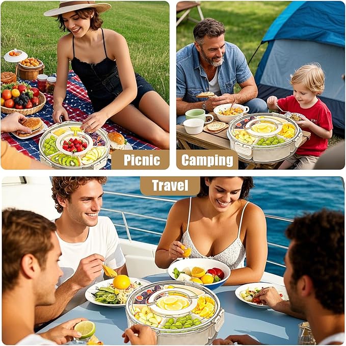Snackle Box Container Divided Rotating Serving Tray with Lid and Handle, Portable for Fruits Snacks Veggie Charcuterie, Clear Snack Spinner Organizer and Fridge Storage Container for Trave and Picnic