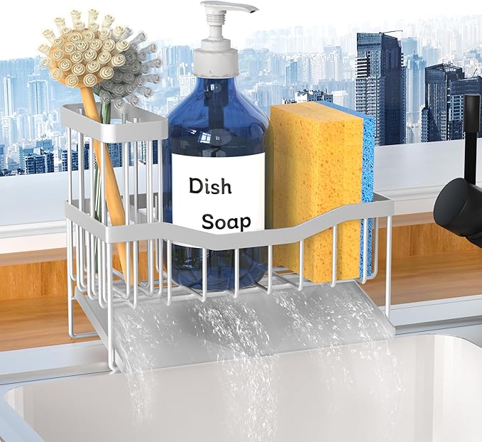 Maifan Sink Caddy Sponge Holder for Kitchen with Brush Holder and Stainless Steel Self Drain Tray, Rustproof Kitchen Sink Organizer for Sponge, Soap Dispenser Storage Accessories (Lacquer Silver) | Sponge Holder, Brush Holder, Self Drain Tray, Rustproo...