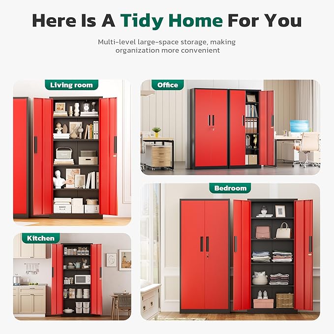 Greenvelly Metal Cabinet, 63”Tall Kitchen Pantry Storage Cabinets with 2 Lock Doors and 4 Adjustable Shelves,Black Red Kitchen Cabinet Storage for Dinning Room,Garage,Office