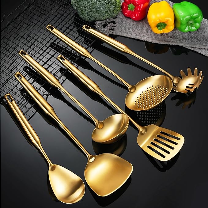 NIITAWH Gold Kitchen Utensils Set 18/10 Stainless Steel 6 Pcs Professional All Metal Cooking Utensils Set 12-15", Wok Spatula, Ladle, Skimmer, Slotted Spatula Turner, Spaghetti Spoon, Large Spoon