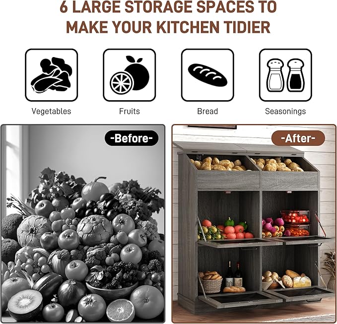 Large Wood Bread Box for Potato,Onion.Veggie Bin W/6 Large Storage Box.Root Vegetable Storage Box For Kitchen,Farmhouse Potato Storage Bin W/4 Mesh Doors,Bread Keeper for Toast,Bagel,Donut,Cookies