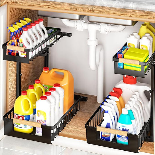 GUUKAR Under Sink Organizer 2-Pack Pull out Cabinet Organizer 2 Tier Metal Shelf Undersink Rack for Kitchen Bathroom Pantry Cabinet Organization and Storage, Black