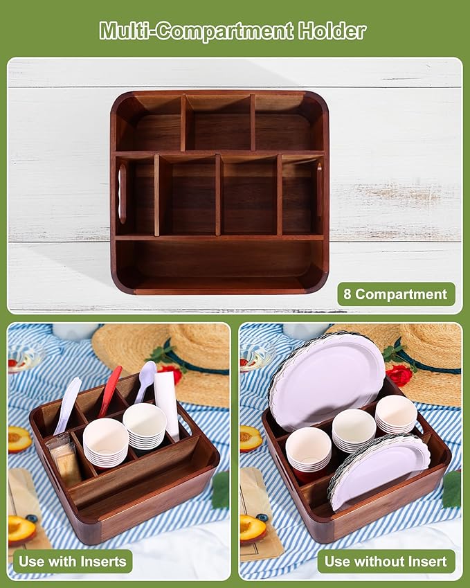 Bonfixe Acacia Wood Utensil Holder, Silverware Organizer Caddy with 4 Anti-Slip Pads, 5 Removable Dividers Utensil Organizer for Kitchen Counter, Party, and Picnic