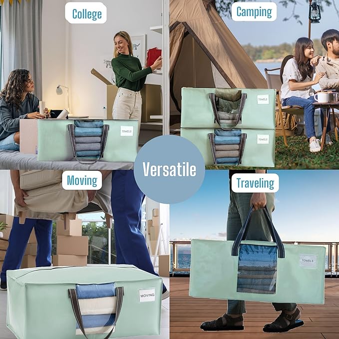 VENO 4 Pack Heavy Duty Moving Bags, Christmas Storage Bins with Lids, Transparent Window Design, Alternative to Moving Boxes, Storage Bags for Clothes, Blankets, Comforters (Shiny Light Green, 4 Pack)