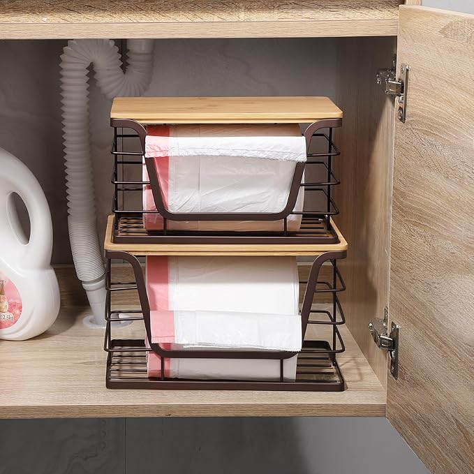 ALOCEO Storage Basket for Kitchen Pantry Organizers and Storage, Stainless Steel Extra Large Trash Bag Dispenser Under Sink, Brown