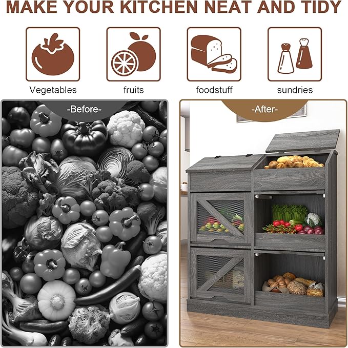 Potato Storage Bin Bread Box with Lid,Rustic Onion&Fruit Organizer with Wood Hidden Door,Farmhouse Grocery Section Decorative,Vegetable Organization Cabinet W/Mesh Door for Kitchen Dining Room(Grey)