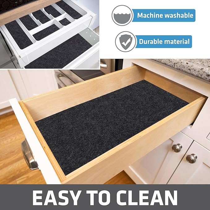Drymate Premium Luxury Shelf & Drawer Liner, Thick Cushioned Fabric, Non-Adhesive, Absorbent, Waterproof, Slip-Resistant, Liners for Kitchen Cabinets, Cupboards (USA Made)(11”x50”)(24-Pack)(Charcoal)