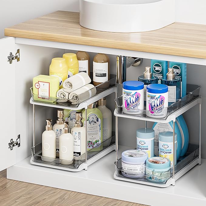 Delamu 2-Tier Multi-Purpose Bathroom Under Sink Organizers and Storage, Stackable Kitchen Pantry Organization, Pull Out Medicine Cabinet Organizer with Movable Dividers, Grey, 4 Pack