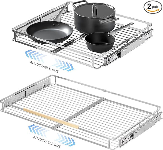 SUZLON 2Pack Expandable Pull Out Cabinet Organizer, 17.1~28" W x 22.5" D Heavy Duty Slide Out Shelves Adjustable Height Cabinet Pull Out Shelves,Expandable Width Spice Rack Organizer for Kitchen