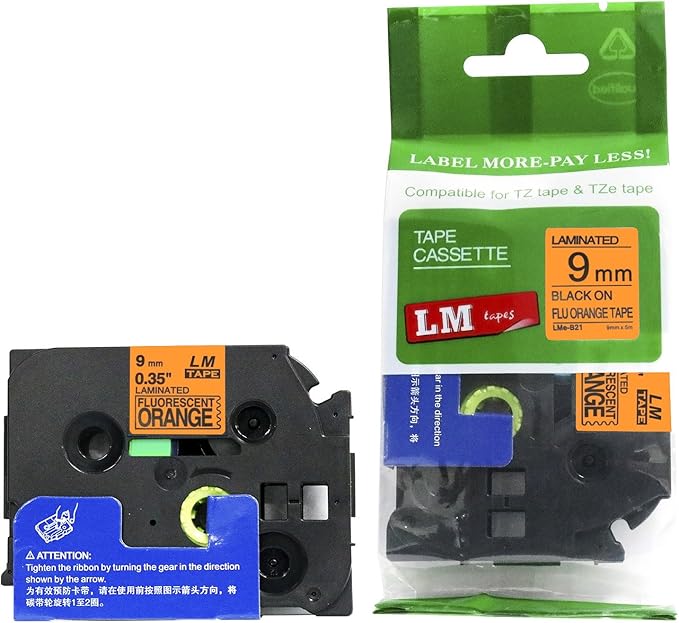 1/Pack LM Tapes - LMeB21 Premium 3/8" Black Print on Bright Orange Label Compatible with P-Touch TZe-B21 Tape and Includes Tape Color/Size Guide. Replaces TZ-B21 9mm 0.35 Laminated.
