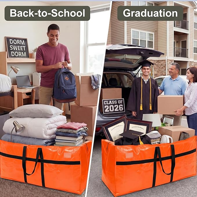 Windyun 4 Pack 57 Gallon Extra Large Moving Bags XXL Heavy Duty Storage Bag with Strong Zipper Handle Jumbo Big Tote Box Foldable for College Dorm Travel Clothes Duffle Blanket Pillow(Orange)
