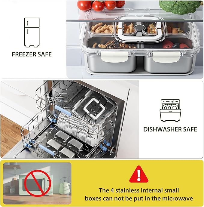 Freshmage Snackle Box Container, Stainless Steel Divided Serving Snack Tray with Lid and Handle, 4 Compartment Portable Snack Platters for Road Trip, Beach, Picnic, Ball Games, Pool and Parties