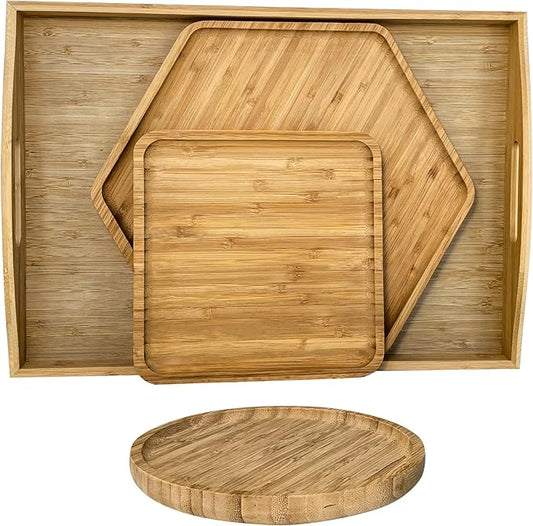 PAFREWOG Bamboo Serving Tray Dinner Plates Cheese Board 16.5"x11.8"（42x30cm with Handle, Set Includes 1xHexagon 12.5"(32cm)+1xSquare 7.8"(20cm)+1xCircle 7.8"(20cm)