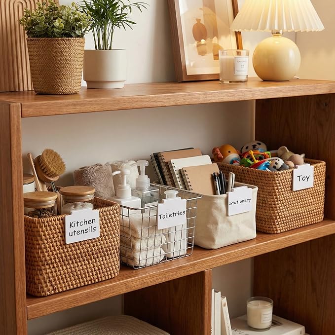 Chinco 80 Pcs Basket Label Clips Set Include 76 Removable Kitchen Clip Label Holder PVC Storage Bin with 4 Chalk Markers for Basket Kitchen Pantry Organization (White Clip, Black Pen)
