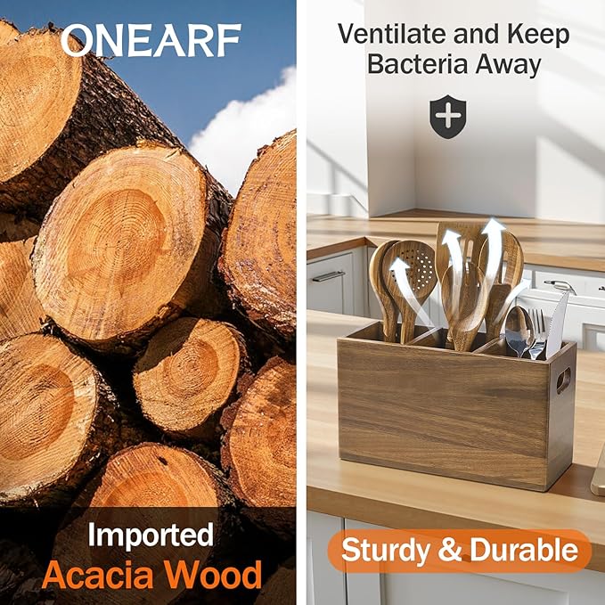 ONEARF Wooden Utensil Holder Counter, Kitchen Utensil Organizer Large 3 Compartment Cooking Utensils Holder, Acacia Rustic Wood Farmhouse Storage Container Crocks for Silverware and Cooker Set