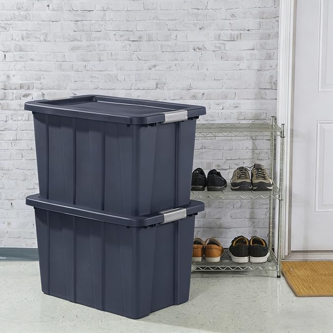 30 Gallon Stackable Storage Bins with Lids - Heavy Duty Totes with Secure Latching & Integrated Handles for Garage, Camping, Attic & Home Closet Organization, Dark Blue