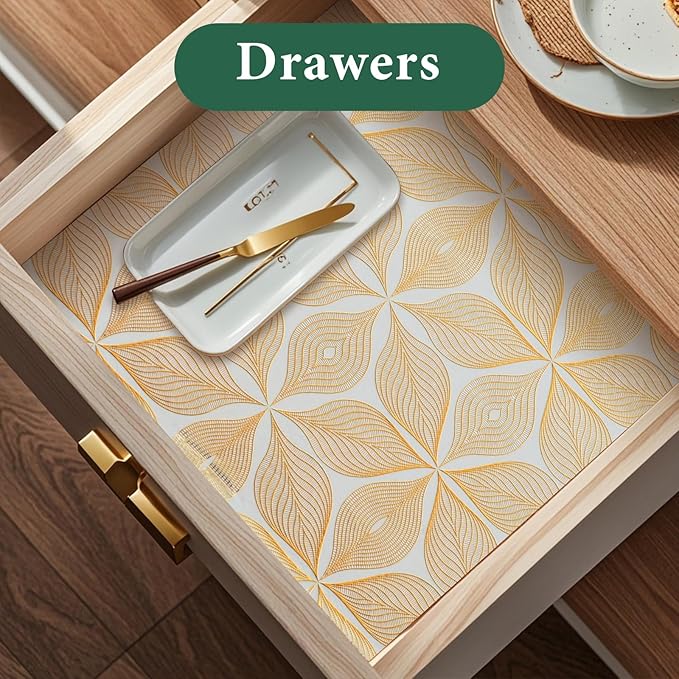 3D Drawer and Shelf Liner for Kitchen Cabinet: 12 in X 20 Ft Waterproof Shelf Paper Non Adhesive Refrigerator Liners Golden Leaf Easy Liners for Bathroom with Knife Tape Measure