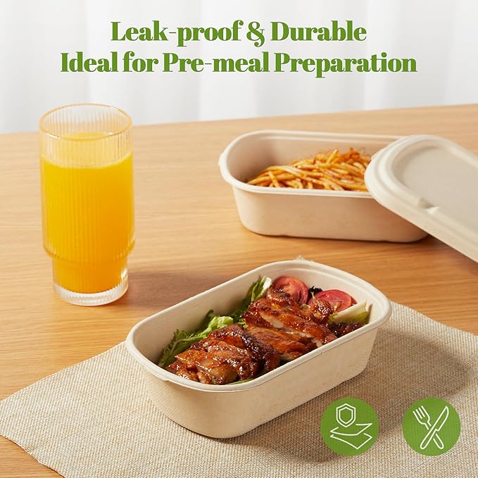 HorizonNest [100% Eco-Friendly] Disposable Food Containers with Lids – Sugarcane Pulp Take Out Boxes, Biodegradable, Compostable, Microwave Safe Lunch Containers – Pack of 50 (24 OZ)