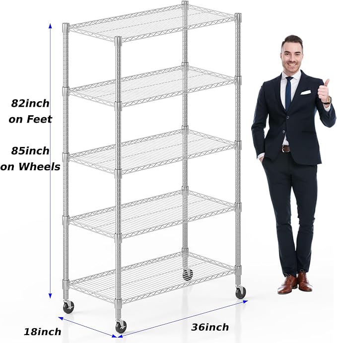 Homdox Heavy Duty Storage Shelves, 5 Tier Wire Shelving Unit with Wheels, Commercial Adjustable Metal Shelves for Storage, Garage Rack Pantry Shelves Kitchen Shelving, 18"x36"x82", Chrome