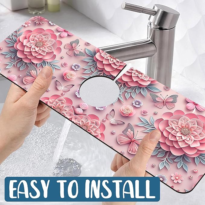 Pink Floral Sink Faucet Absorbing Mat Flower Butterfly Super Absorbent Fast Drying Mat Sink Gadgets Behind Faucet Sinkmat for Kitchen Bathroom, 15.5"x5.5"