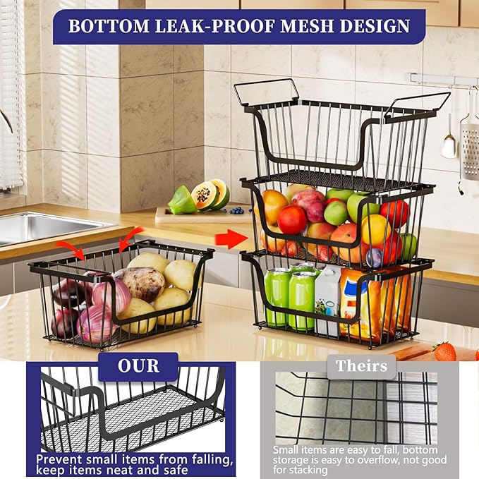 5 Pack Enhanced Leak-Proof Bottom Stackable Wire Baskets, Pantry Organizers and Storage, pantry storage，Shelf Baskets, Fruit Basket, Potato and Onion Storage Bins，(Black)