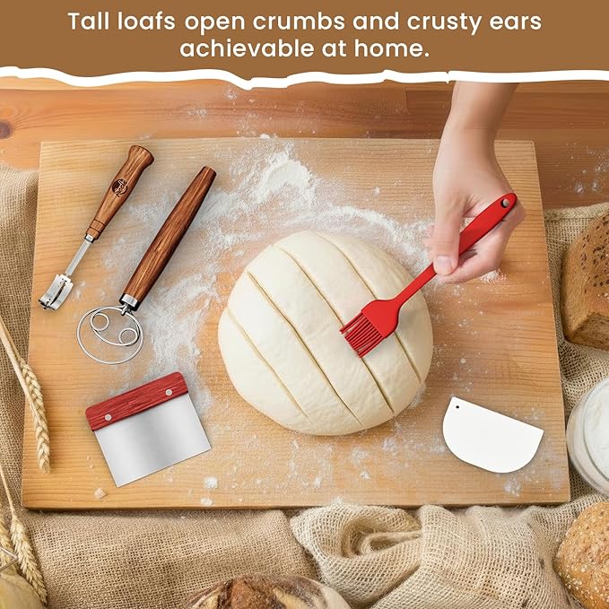 Riccle Sourdough Starter Kit – Bread Baking Supplies & Bread Making Tools with Cotton Rope Proofing Basket (9” Round & 10” Oval), Bread Lame with 15 Blades, Dough Whisk, Bowl Scraper & Silicone Brush