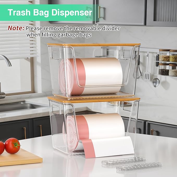 WARRIORS 2 Set Pantry Organizers,Stackable Potato and Onion Storage Bins with Bamboo Lids,Trash Bag Dispenser for 4-13 Gal Bags,kitchen Countertop Organizer for Produce or Snacks