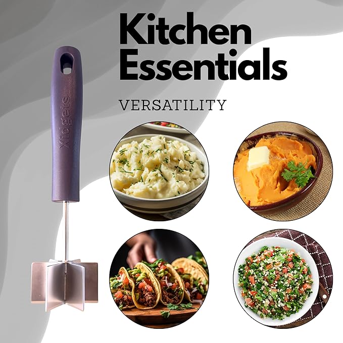 2 pc box set - Large Stainless Steel Meat Chopper & mini Avocado Masher - with Heavy Duty Handle & Mashing Head for Beef, Turkey and More – Dishwasher Safe (Midnight Plum 10"/Zippy Green Mini)