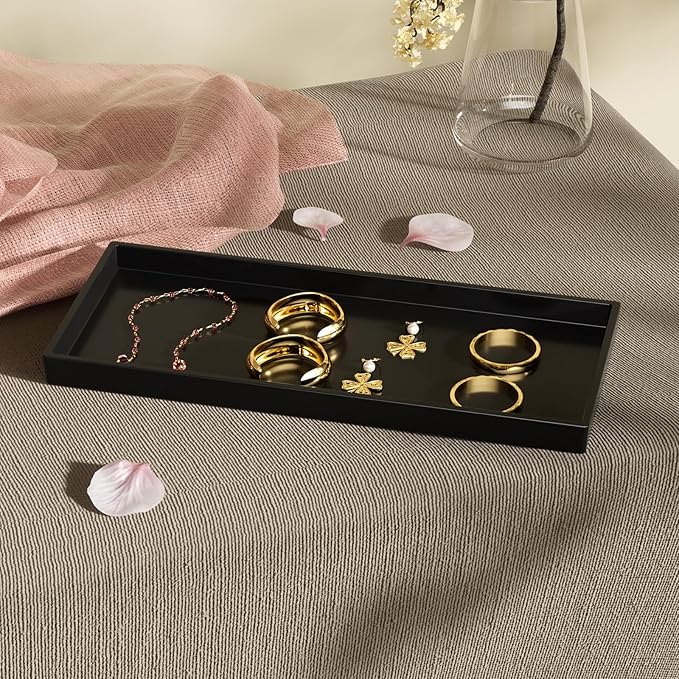 Mriluvy Vanity and Bathroom Tray, 11.8" ABS Countertop Organizer,Waterproof Vanity Tray for Toilet Tank,Perfume,Soap,Keys,Bathroom Accessories,Kitchen and Bath Trays,Non Slip Small Trays,Black,2 Pack