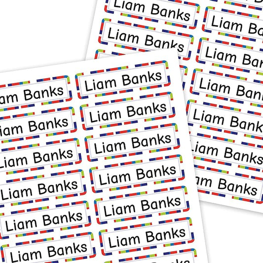 Mini Labels 1.5”x0.4” - 198-Pack Custom Name Stickers - Personalized Waterproof Labels for Bottles, Food Containers, School Supplies and More – Dishwasher & Microwave Safe – Blue Stripes