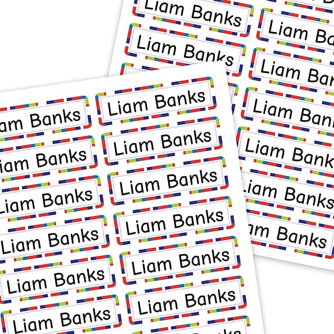 Mini Labels 1.5”x0.4” - 66-Pack Custom Name Stickers, Personalized Waterproof Name Labels for Bottles, Food Containers, School Supplies and More, Dishwasher & Microwave Safe – Blue Stripes
