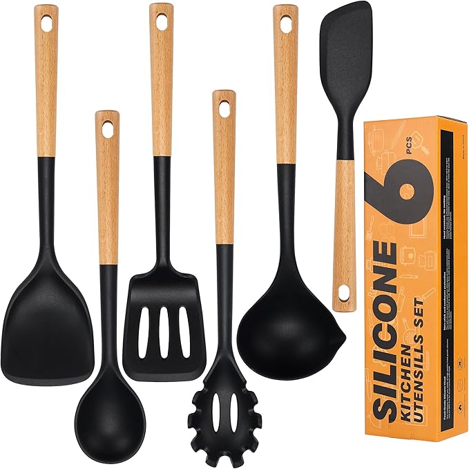 Hvygss Silicone Cooking Utensils Set, Heat Resistance Large Kitchen Utensils Set with Long Wooden Handle, BPA-free Silicone Spatula, 6 Pcs Cooking Spoons for Non Stick Frying Pans and Pots（Black）