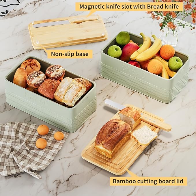 Bread Box for Kitchen Countertop,Metal Bread Storage Bin with Bamboo Cutting Board Lid, Includes Bread Knife, Fits Sourdough & Buns, Stylish Organize (Green)