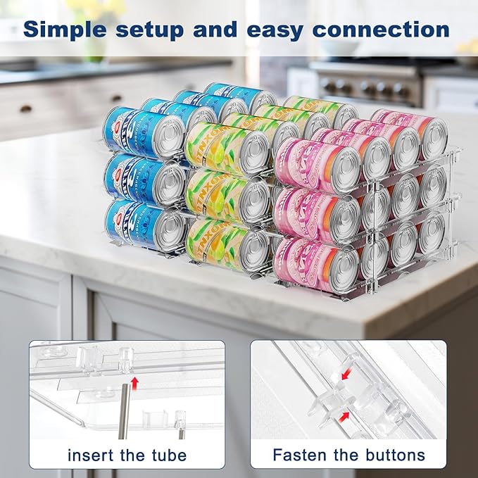 Can Organizer For Pantry,3 Sets 3 Tiers Pantry Organizers And Storage, Pantry Organizer for Fridge 36 Standard and Tall Cans Rack Automatic Rolling Stackable Canned Food Organizer, Clear