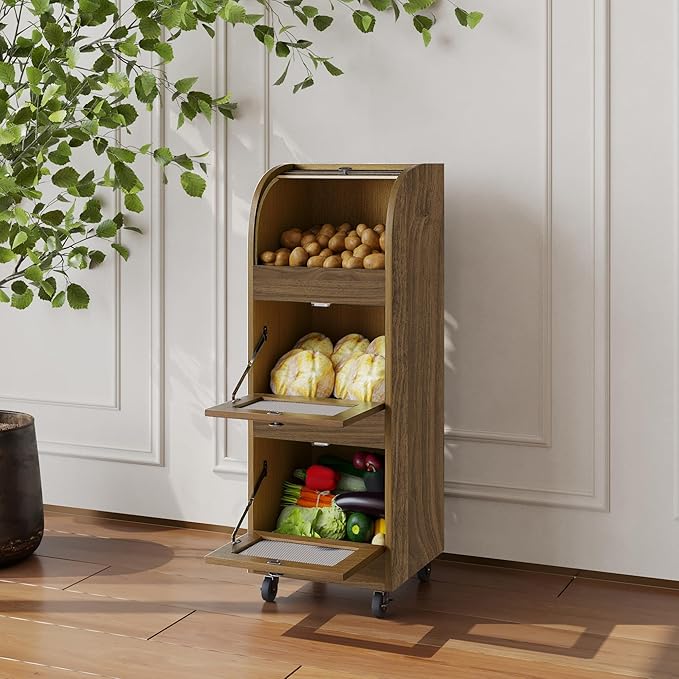Potato and Onion Storage Bin,Potato Storage Bin Movable Bread Box with Wheels,Root Fruit and Vegetable Storage,Farmhouse Bread Storage Container,Kitchen Pantry Cabinet (Brown)