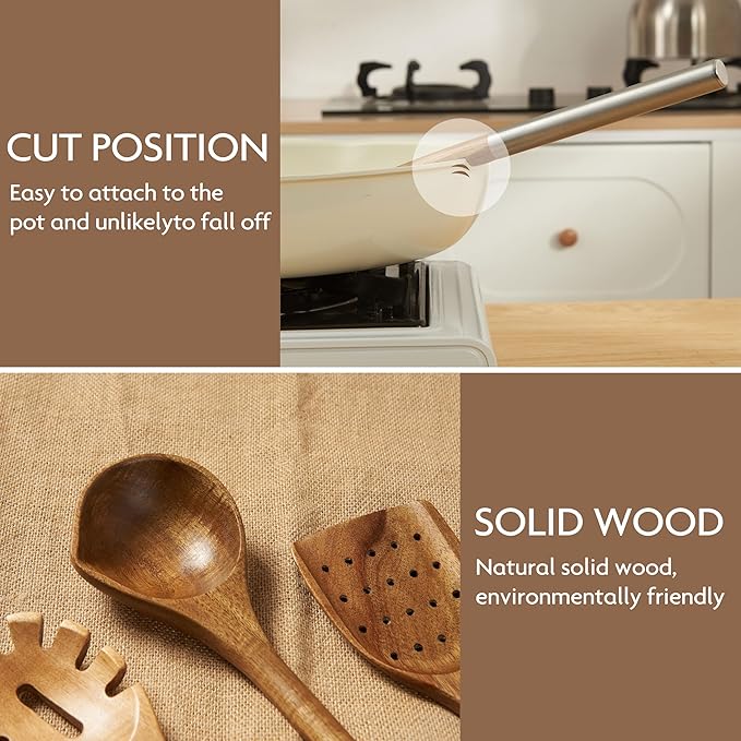 Edergoo 4 PCS Acacia Wood Cooking Utensils Set with Magnetic Hanging Handles Stainless Steel, Heat-Resistant Multi Function Cooking Tools