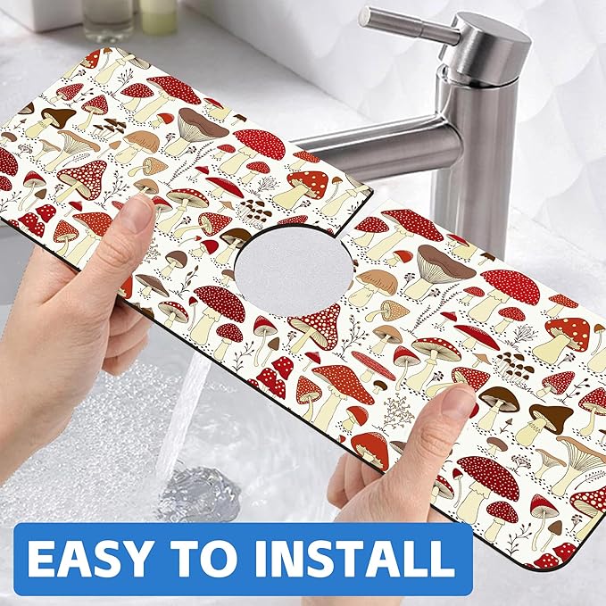 Cartoon Mushrooms Dish Drying Mat for Kitchen Sink Splash Guard Behind Faucet Sink Mat Absorbent Fast Drying Faucet Draining Mat for Bathroom Kitchen 5.5"×15"