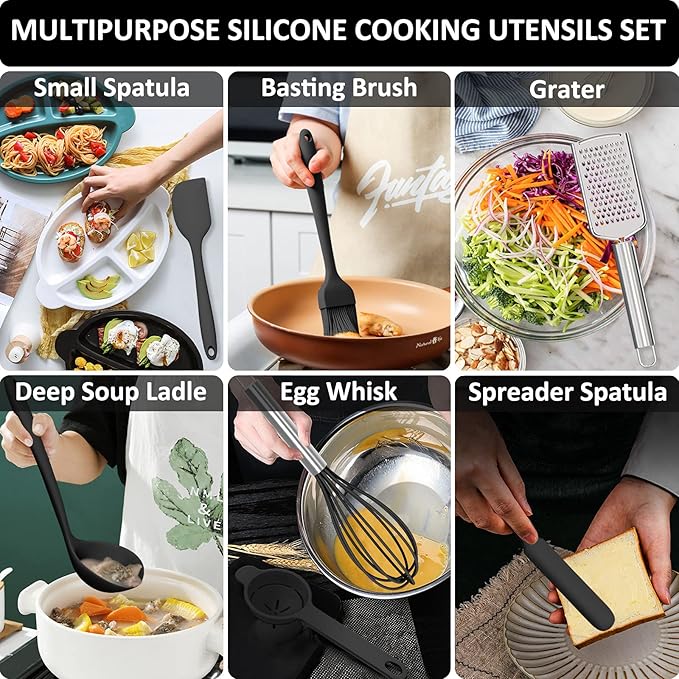 Silicone Kitchen Utensils Set, 16-Piece Silicone Cooking Utensils by Deedro, Heat Resistant Kitchen Tools Set with Holder, Nonstick Spatula Kitchen Gadgets for Cooking & Baking, Black