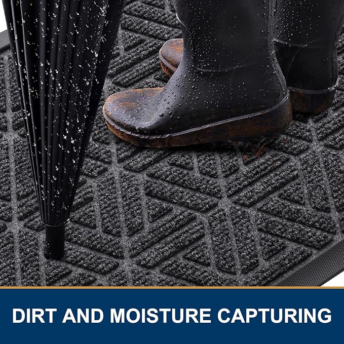 Smiry Front Door Mat Outside Entrance, Heavy Duty Sturdy Natural Rubber Doormat, Trap Dirt and Moisture, Easy Clean Low Profile Mats for Indoor Outdoor Entry, Grid Geometric (47x32, Grey)
