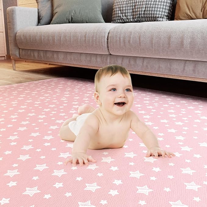 Baby Splat Mat Anti Slip Waterproof High Chair Mat, Baby Feeding Table Cloth Floor Mat Cover, Baby Art Playtime Mat for Craft/Mealtime, 42X46 Inch Washable Portable Picnic Mat - Pink Star