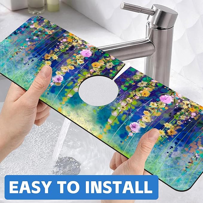 Abstract Watercolor Floral Kitchen Sink Splash Guard Mat Absorbent Fast Drying Mat Faucet Draining Mat Sink Splash Guard Behind Faucet Drip Catcher for Kitchen Bathroom 5.5"×15"